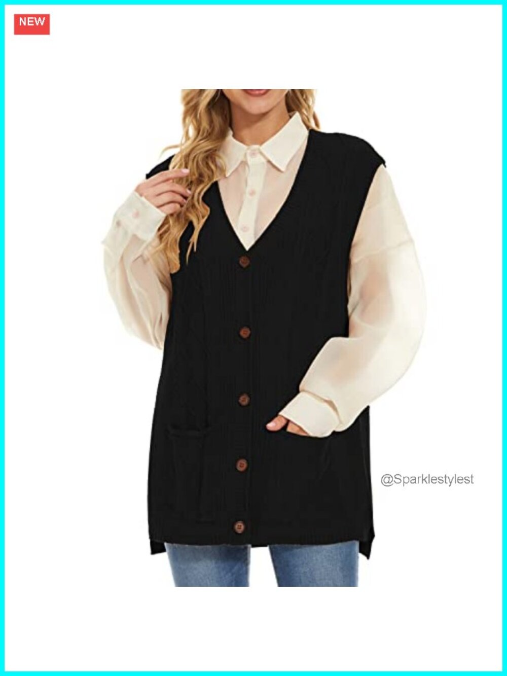 Cable Knit Sweater Vest Sleeveless Button Cardigan with Pockets